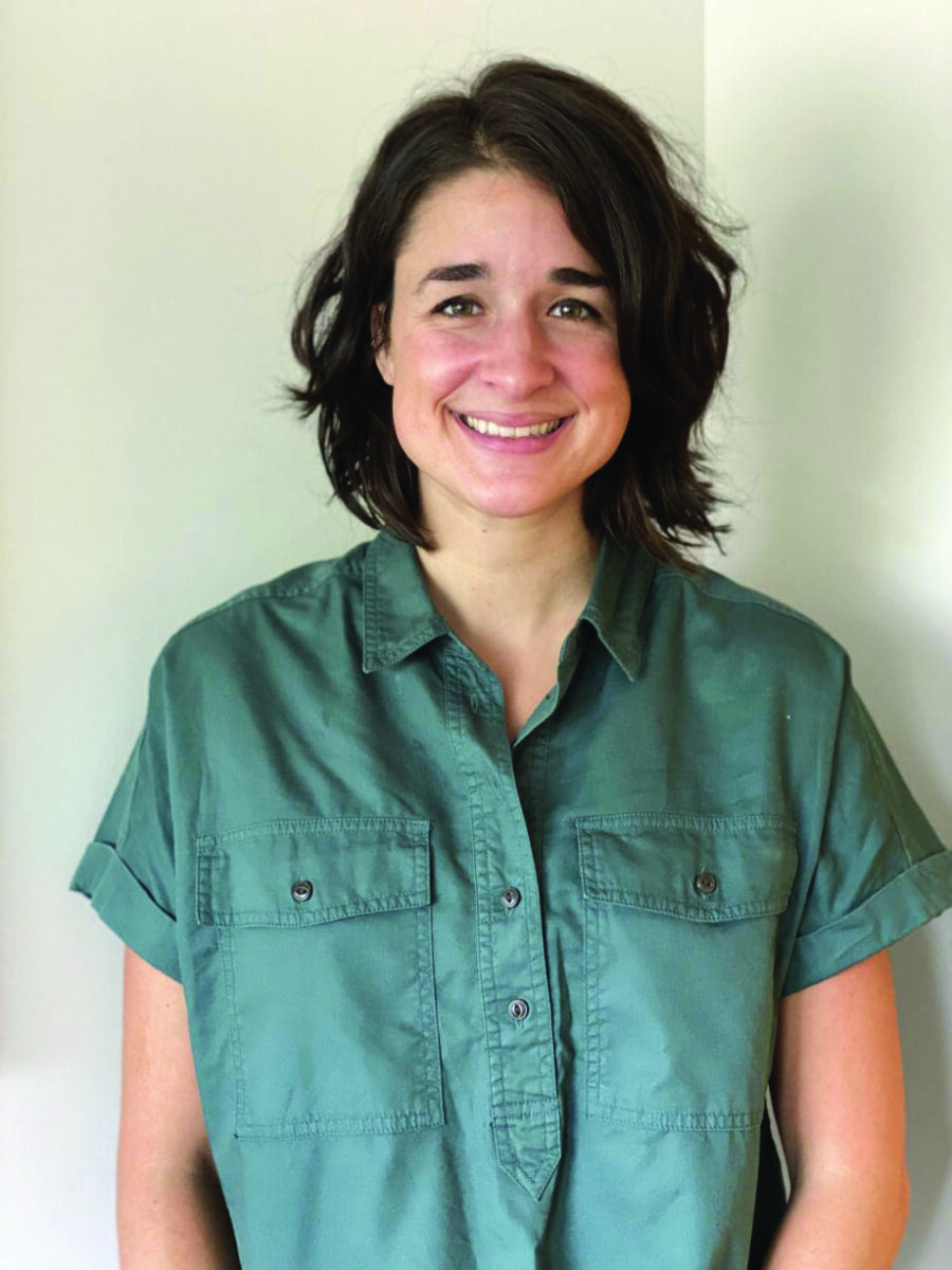Rachel Chickerella, woman in blue button up shirt smiling, smile, short brown hair