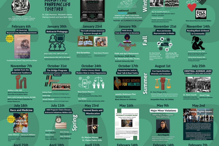 Poster collage announcing 'Three Years of Messy Conversations' with monthly event flyers and book covers on a teal background.