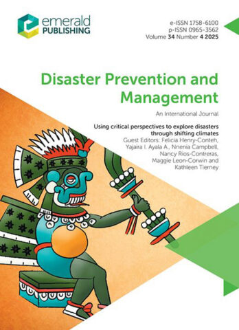 Cover of Disaster Prevention and Management: An International Journal, Volume 34, Number 2, 2025, featuring an illustrated drummer