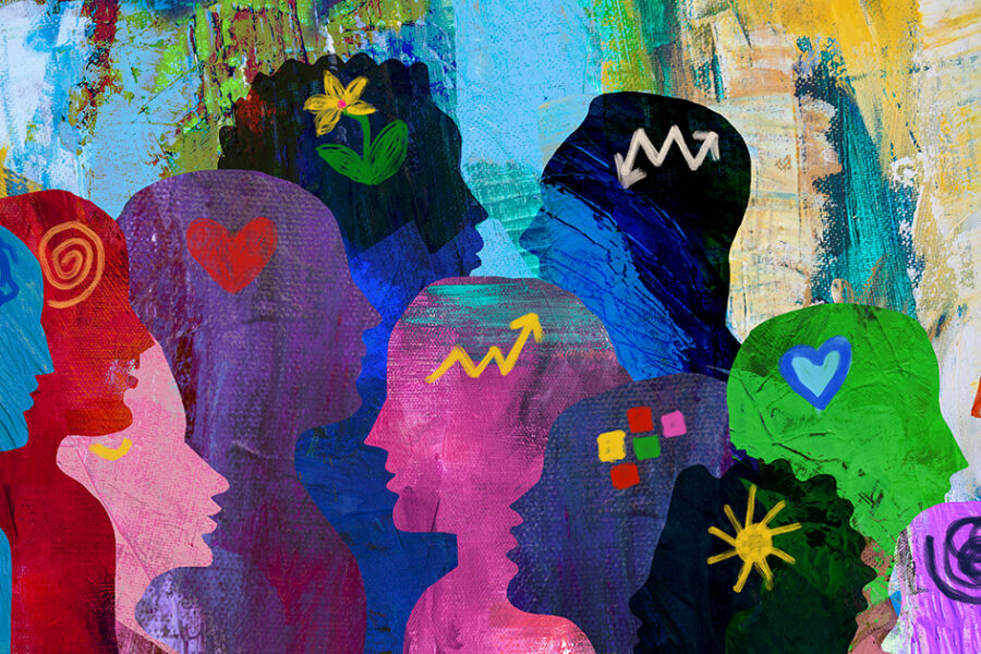 Colorful overlapping human profiles decorated with hearts, flowers, mathematical symbols, and abstract shapes