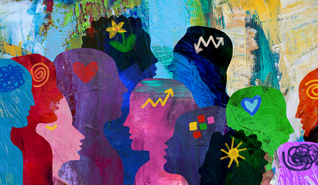 Colorful overlapping human profiles decorated with hearts, flowers, mathematical symbols, and abstract shapes