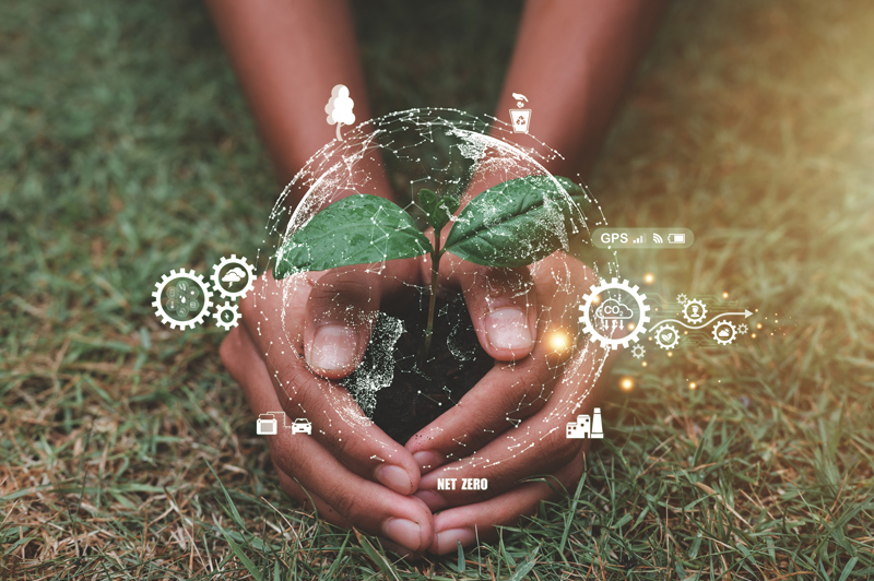 Hands cradling a seedling in soil beneath a digital globe overlay with sustainability icons and “NET ZERO” text